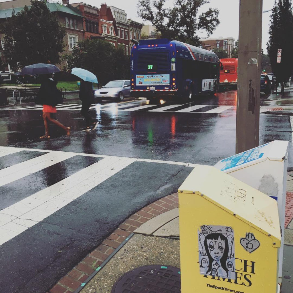 Pedestrians cross the street. They are using umbrellas. Two buses are in the backround. A yellow Epoch Times box with a sticker is in the lower right.